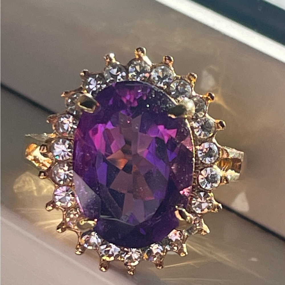 Gold-Tone Purple Oval Halo Cocktail Ring